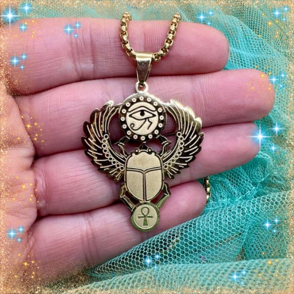 colgante escarabajo egipcio ojo de horus ankh acero inoxidable dorado
